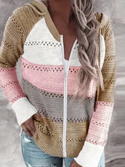 Colorblock Zipper Hooded Coat Long Sleeve Eyelet Embroidered