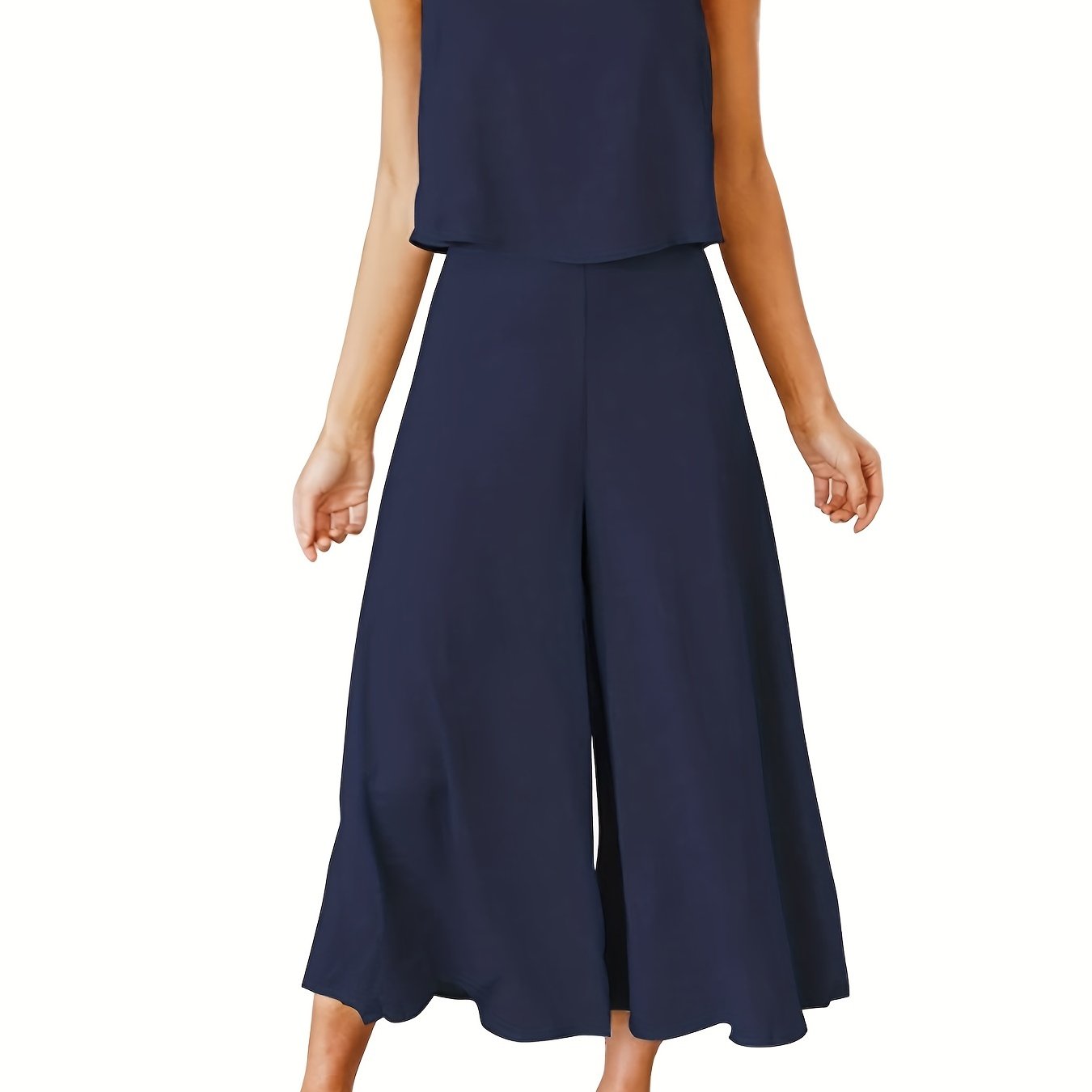 Solid 2pc Set Tank Top & Wide Leg Pants Outfit Women's Clothing