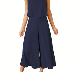 Solid 2pc Set Tank Top & Wide Leg Pants Outfit Women's Clothing