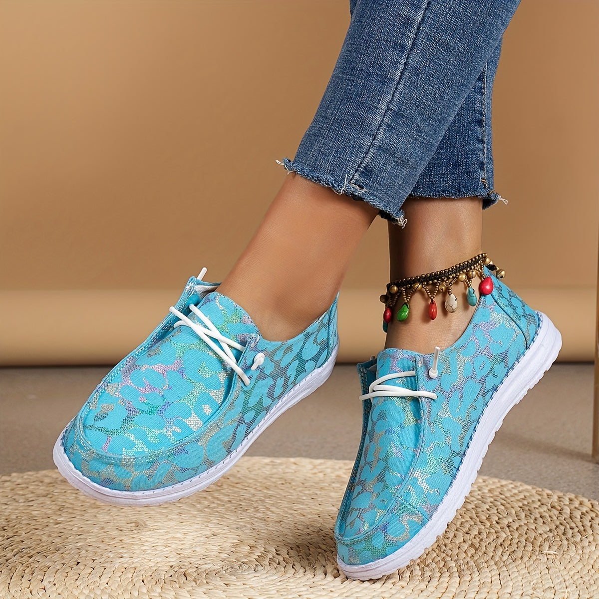 Leopard Pattern Boat Shoes Low Top Walking Lace Up Casual Flats