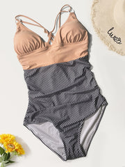 Striped Print One Piece Swimsuit V Neck Criss Cross Straps Tummy Control