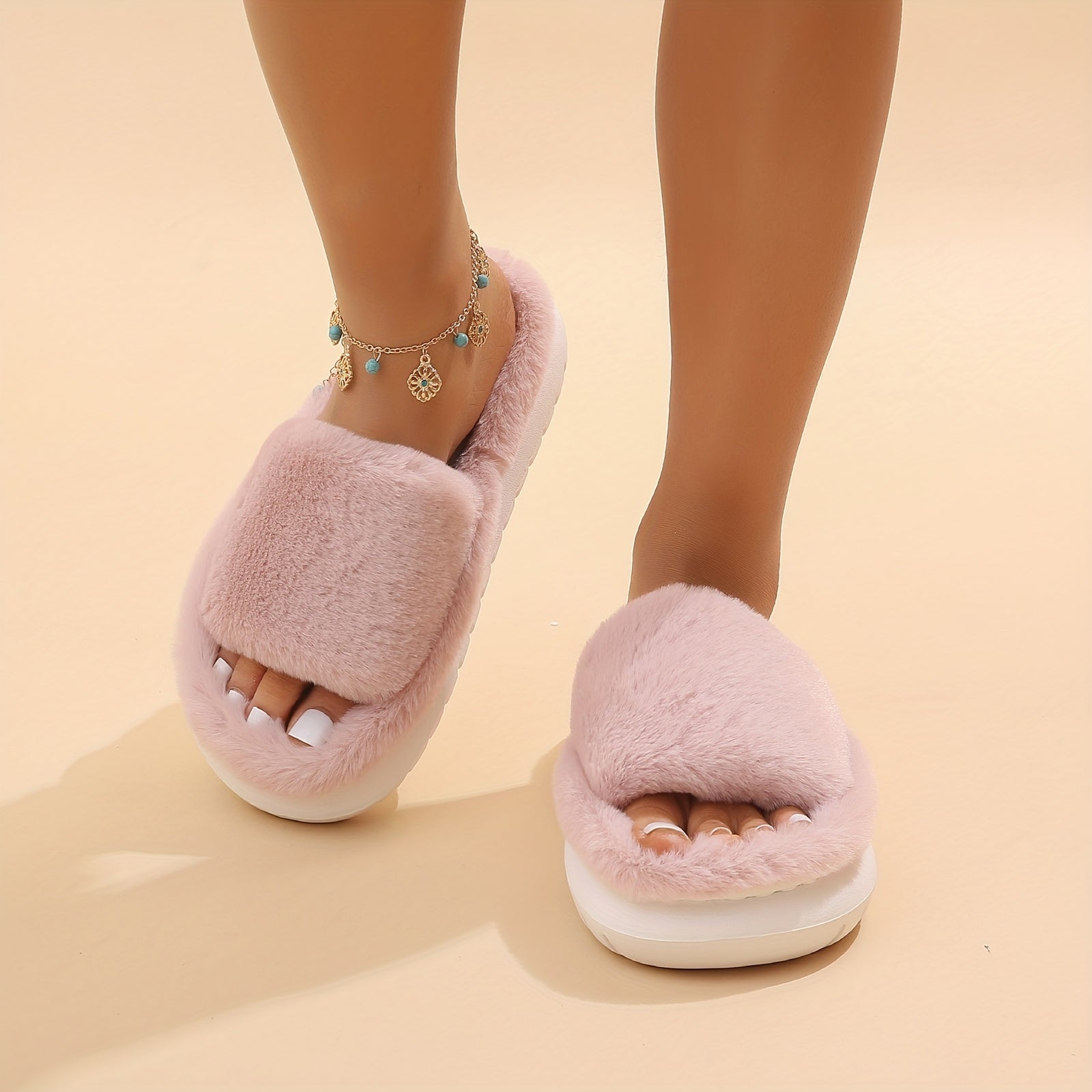 Women's Fuzzy House Slippers Warm & Comfy Open Toe Indoor Shoes