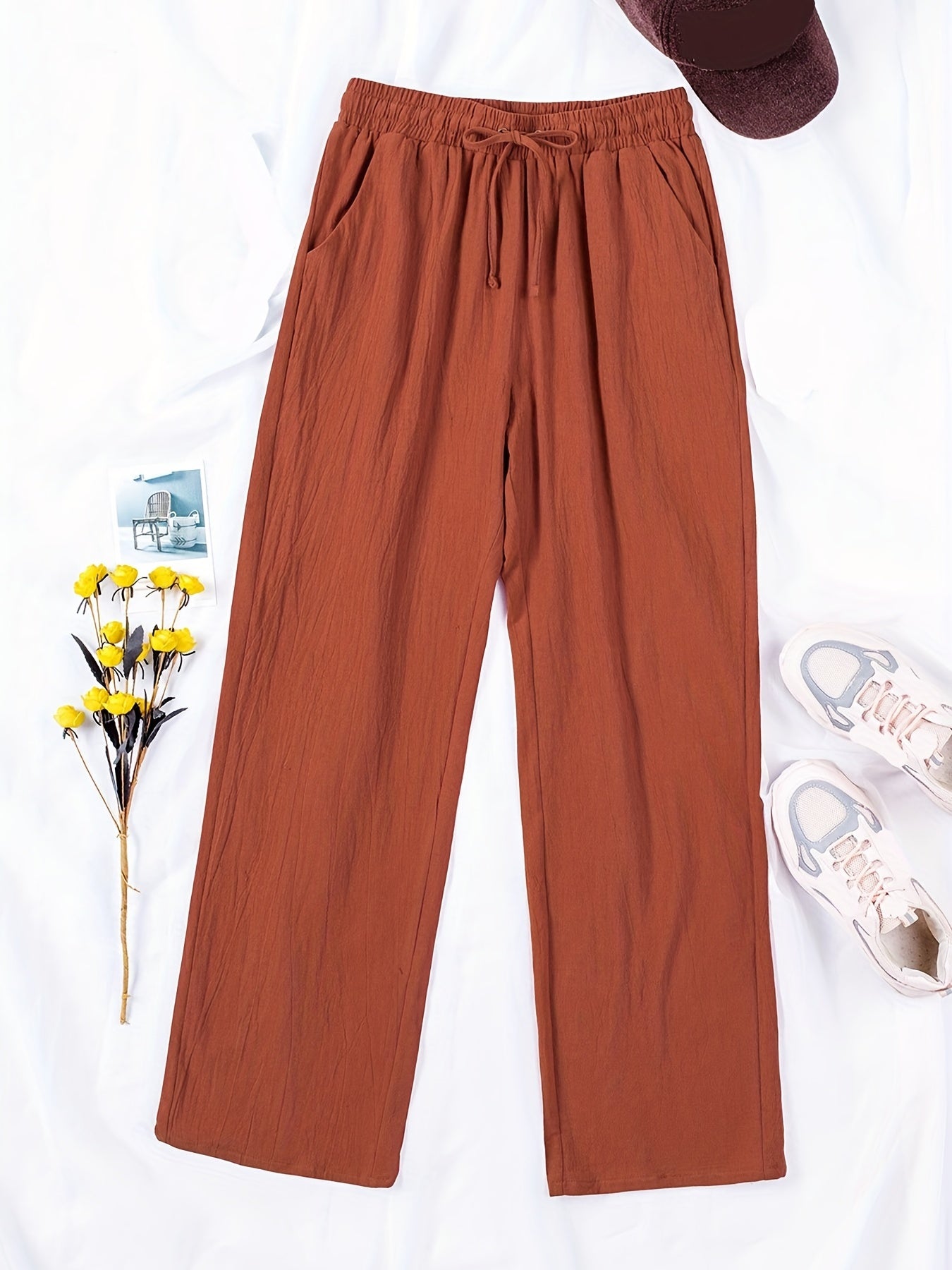 Drawstring Straight Leg Pants Casual Solid Elastic Waist Pocket Loose Pants