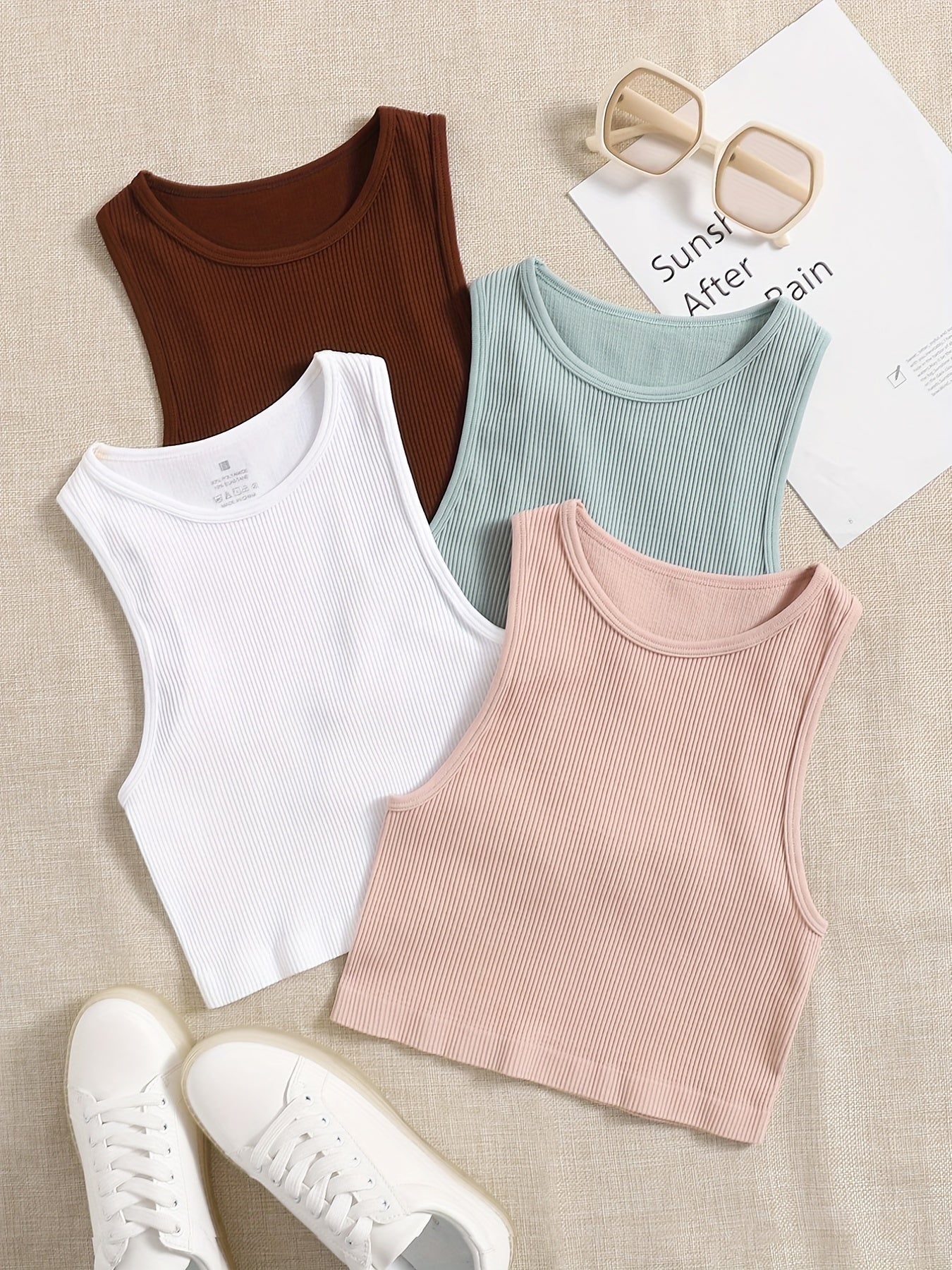 4ocs Women's Ribbed Racerback Cropped Sports Tank Top Round Neck