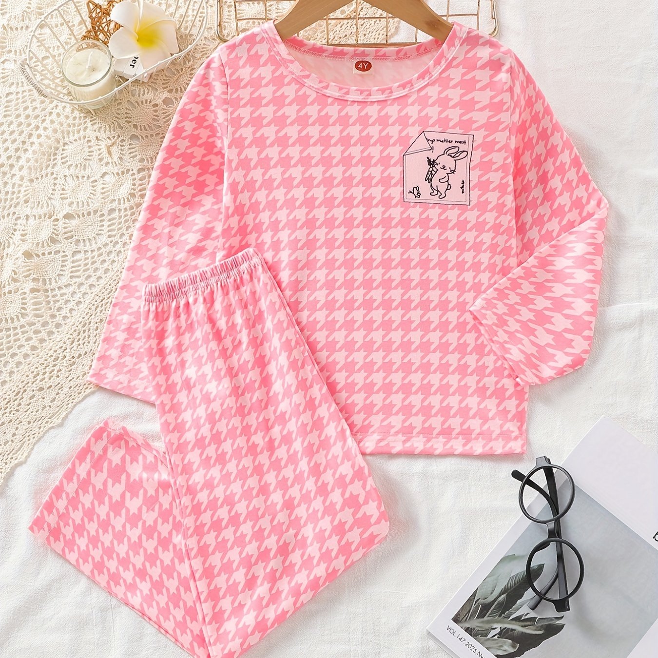 Kid's 2pcs Rabbit Houndstooth Pajama Set, Long Sleeve Top & Pants