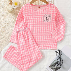 Kid's 2pcs Rabbit Houndstooth Pajama Set, Long Sleeve Top & Pants