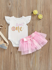 2pcs Baby Girls Fly Sleeve Onesie & Mesh Skirt Set
