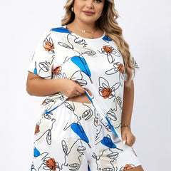 Women's Plus Abstract Face Print Short Sleeve Top & Shorts Pajamas Set