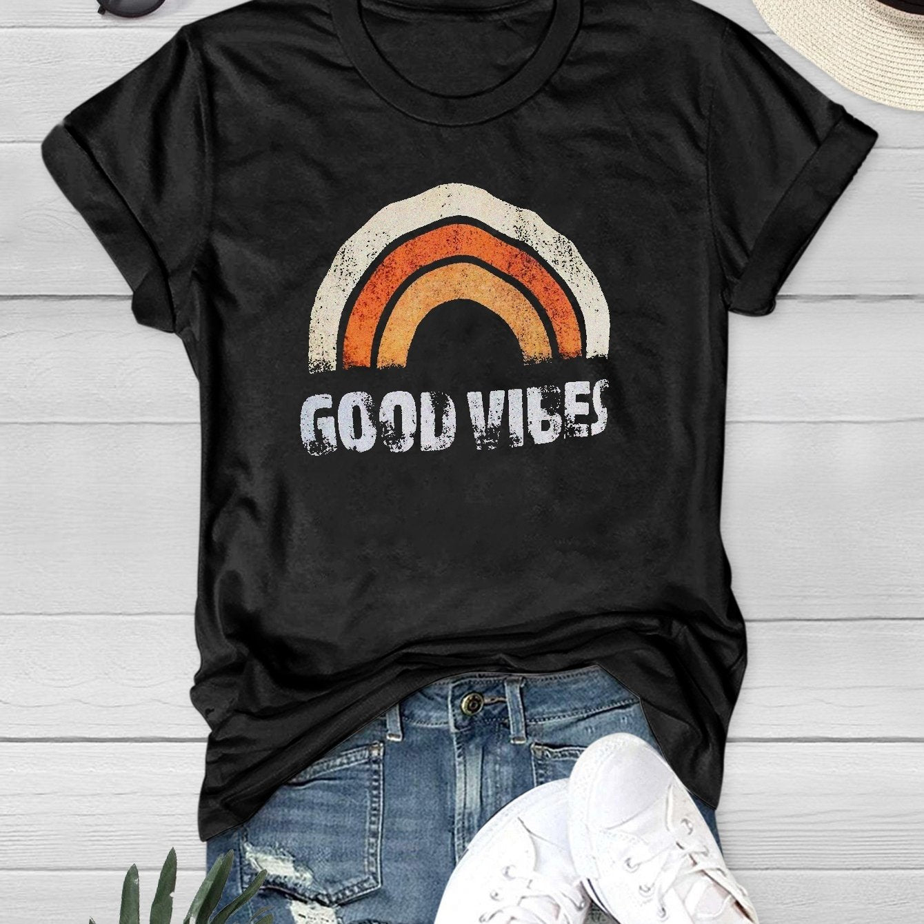 Women's Rainbow Letter T shirts Crew Neck Short Sleeve Loose Summer Sports Top