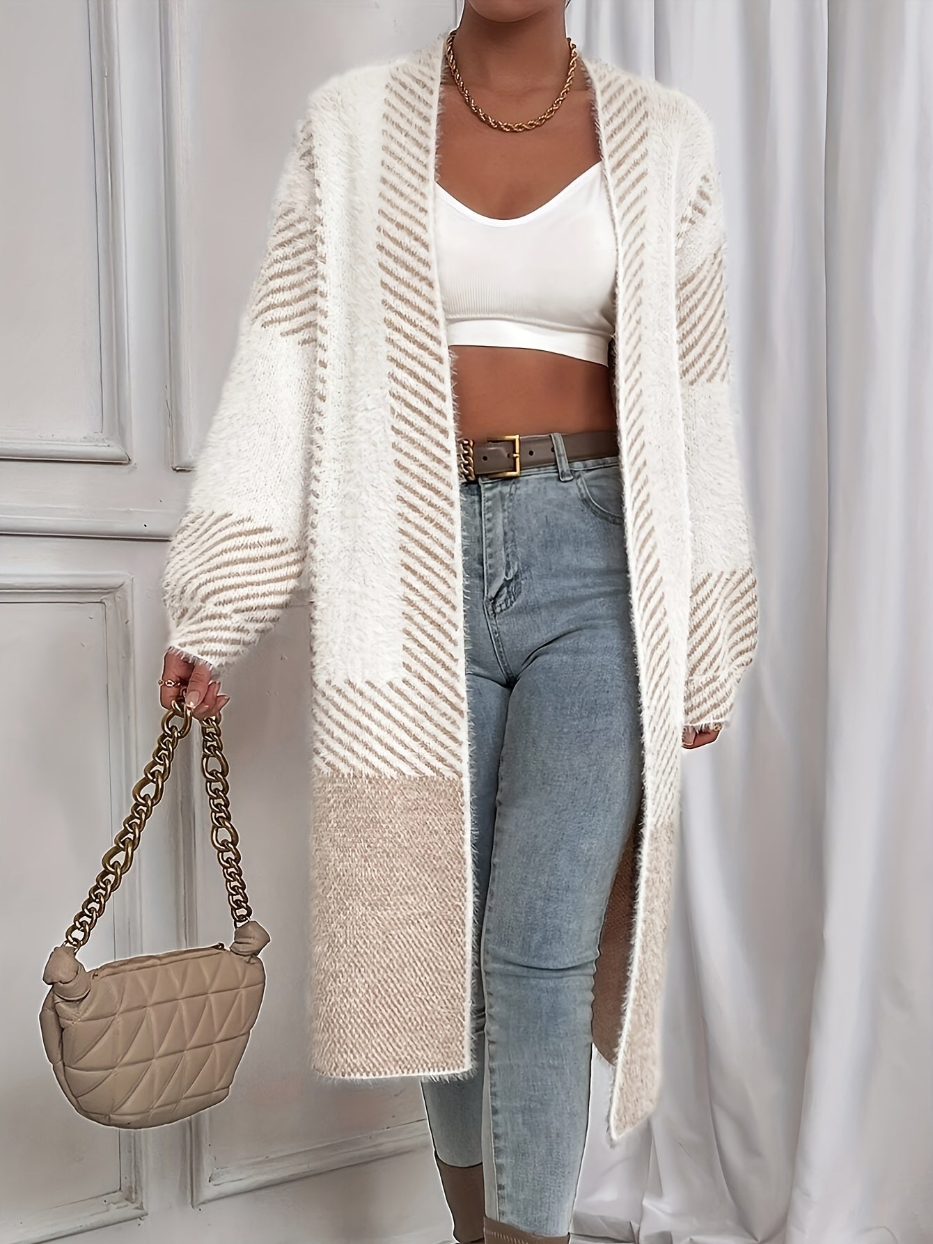 Striped Knitted Open Front Cardigan Vintage Long Sleeve Cardigan