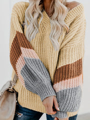 Striped Lantern Sleeve V Neck Sweater