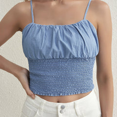 Ruched Smocked Denim Crop Cami Top Vintage Tank