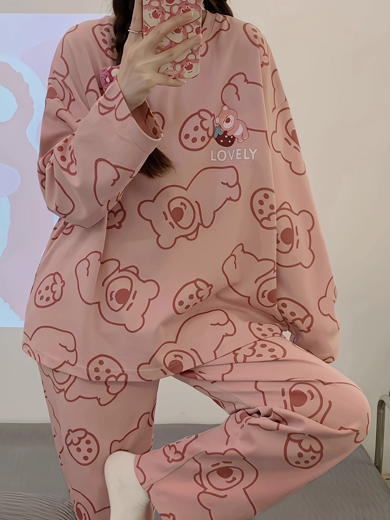 Bear Print Pajama Set Long Sleeve Crew Neck Women's Sleepwear