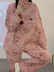 Bear Print Pajama Set Long Sleeve Crew Neck Women's Sleepwear