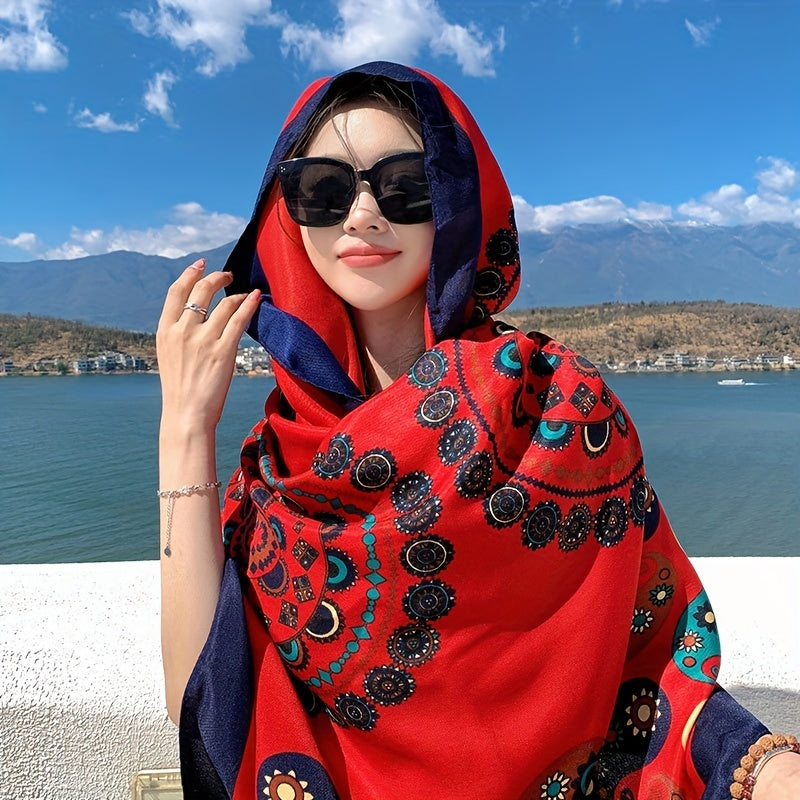 Geometric Print Large Scarf Block Shawl Boho Sunscreen Head Wrap