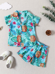 2pcs Boy Casual Cotton Tropical Graphic Short Sleeve Shirts & Shorts Set