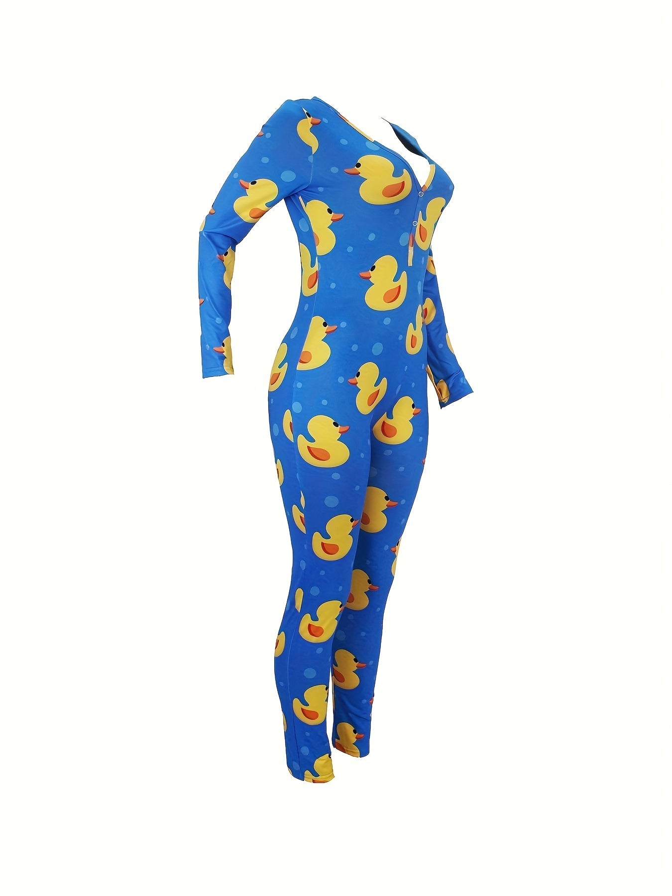 Duck Print Lounge Romper Long Sleeve V Neck Buttons Romper Women's Loungewear