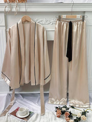 Satin Pajama Set with Long Sleeve Robe & Lace Up Pants