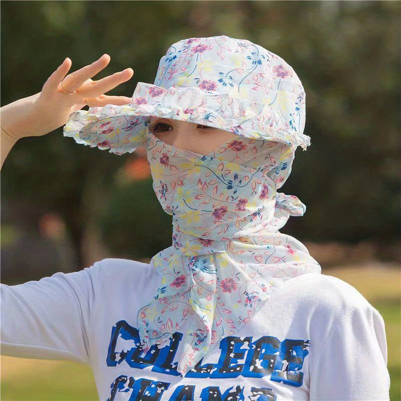 Colorful Flower Lace Sun Hat with Neck Protector Cycling Chiffon Visor Hats