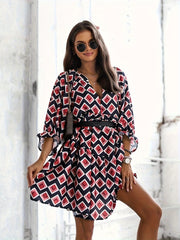 Geometric Print V Neck Dress with Half Sleeves