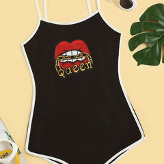Lips Print Slip Pajama Romper Scoop Neck Sleeveless Lingerie & Sleepwear