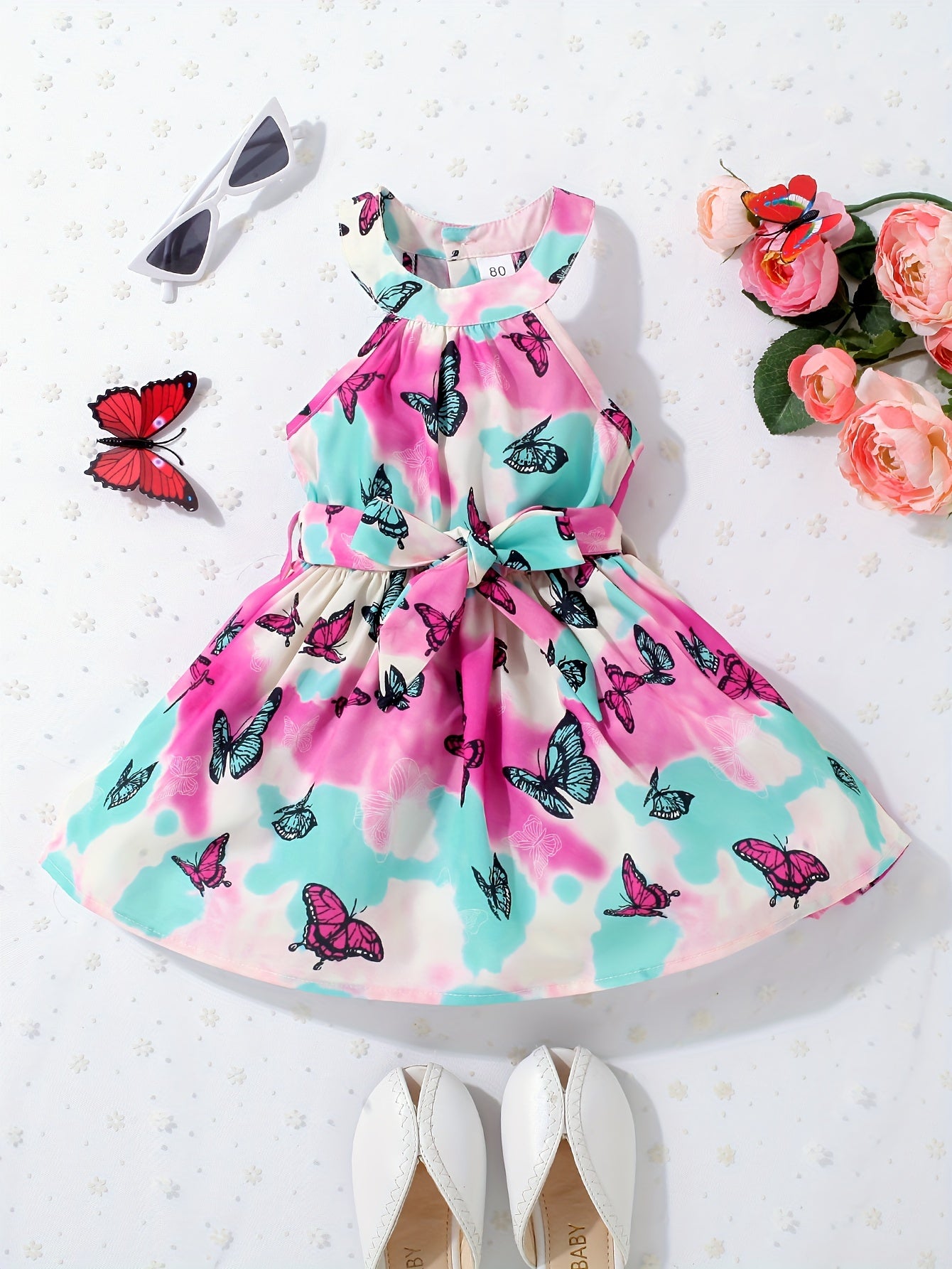 Cute Tie Dye Butterfly Halter Dress for Baby Girls