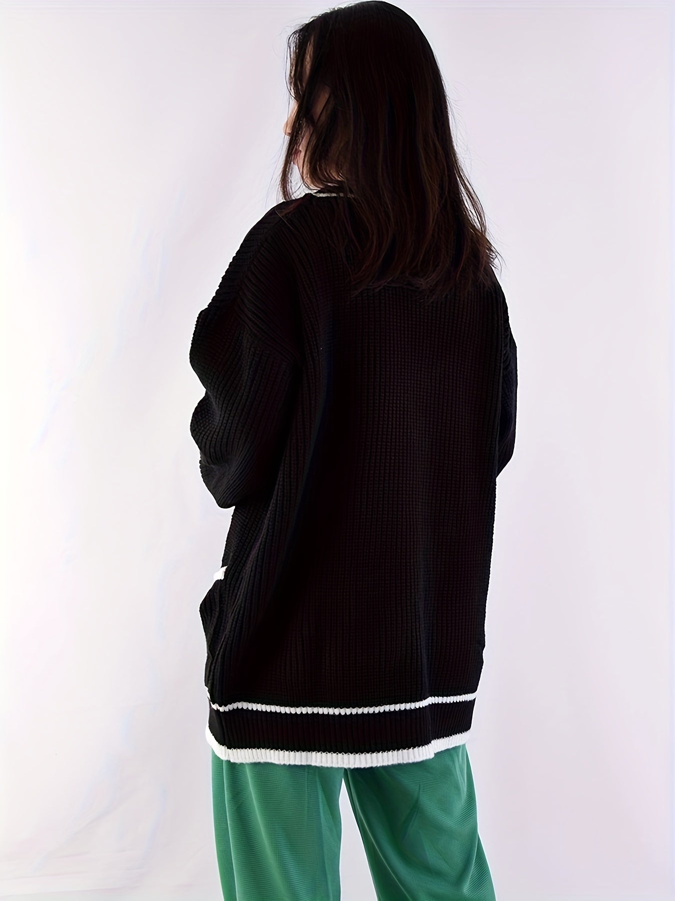 Contrast Trim Button Up Cardigan Loose Sweater