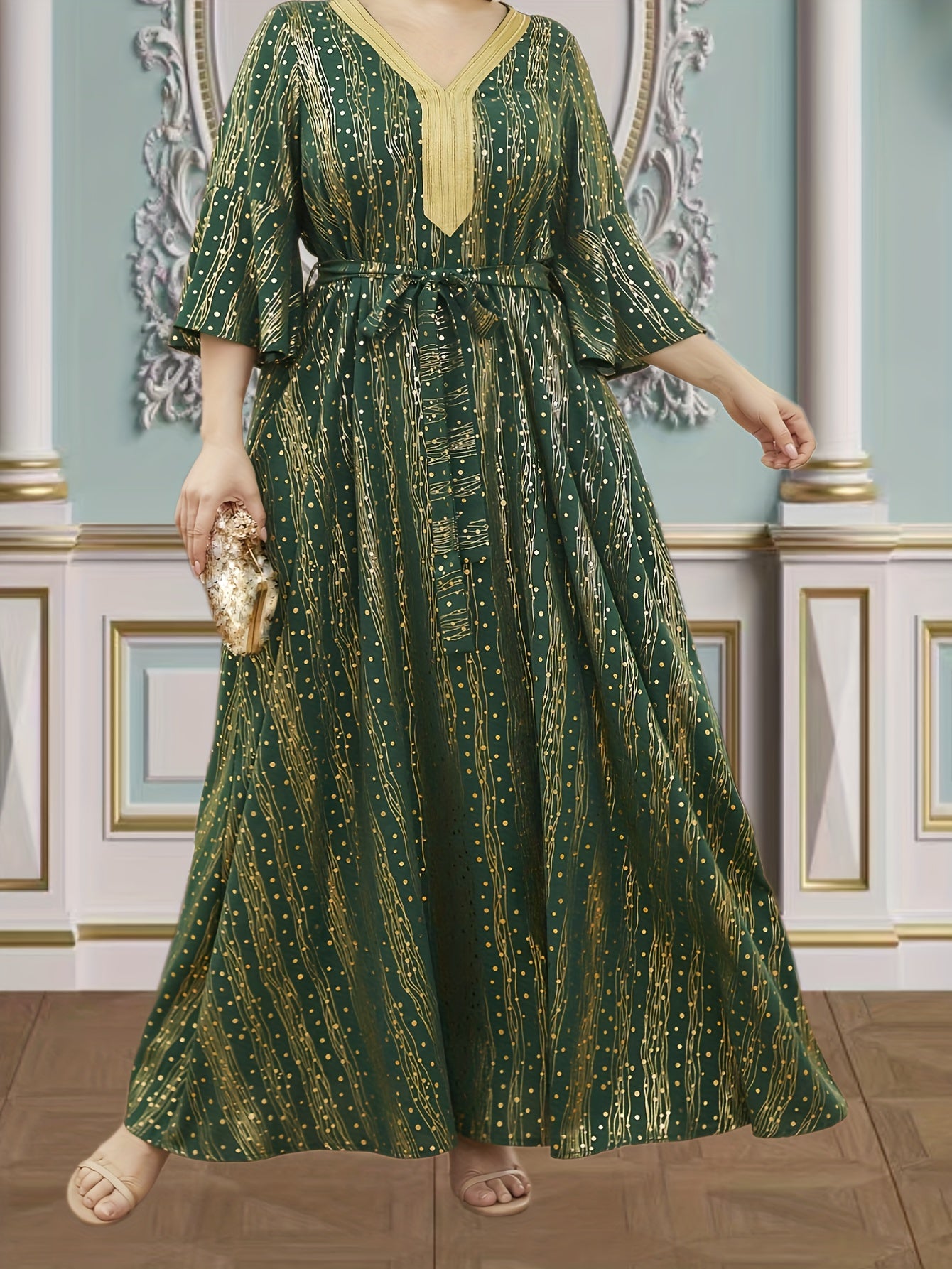 Kaftan Dress Women's Plus Dot & Stripe Print Lace Panel Maxi Kaftan
