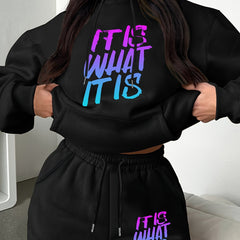 Women's Plus Slogan Print Hoodie & Shorts Set