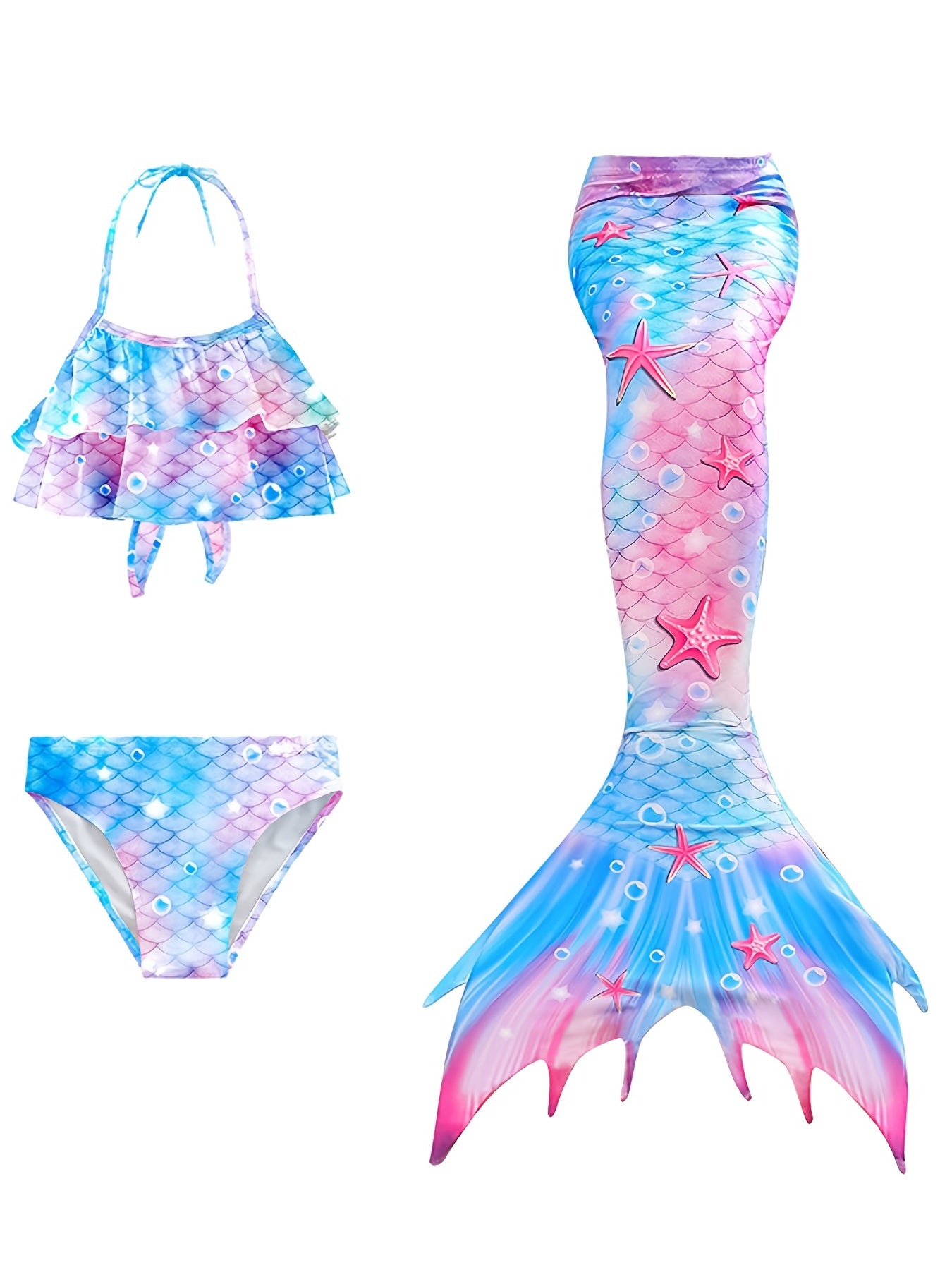 Girl's Mermaid Swimsuit 3pcs Fish Scale Pattern Bikini Set & Mermaid Tail