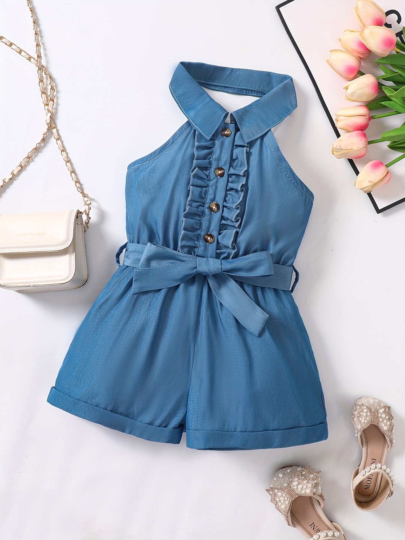 Toddler Girls Ruffle Trim Halter Rompers Jumpsuits For Beach Vacation