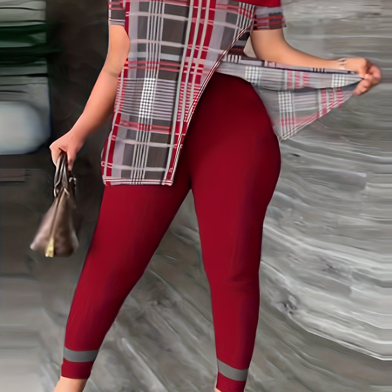 Plaid Print One Shoulder Top & Leggings Set