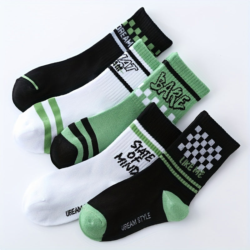 5 Pairs Kids Smiley Face Checkerboard Socks