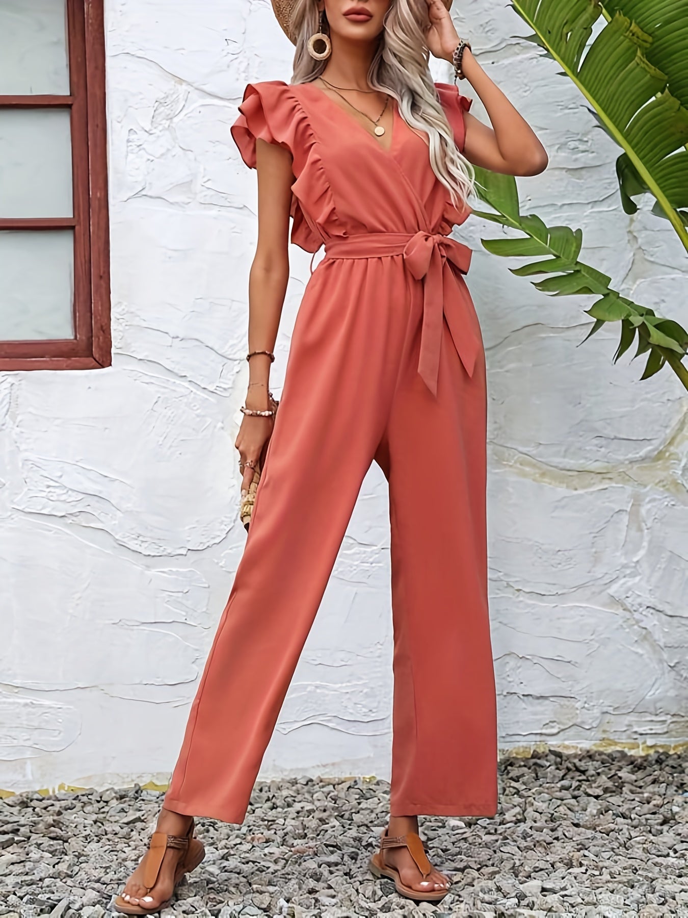 Ruffle Trim Tie Waist Jumpsuit Solid V neck Straight Leg Jumpsuit