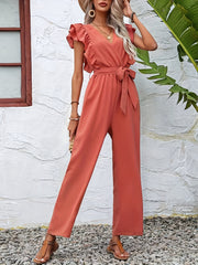 Ruffle Trim Tie Waist Jumpsuit Solid V neck Straight Leg Jumpsuit