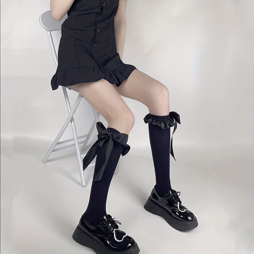 Ruffle Bow Calf Socks Sweet College Style Knee High Socks