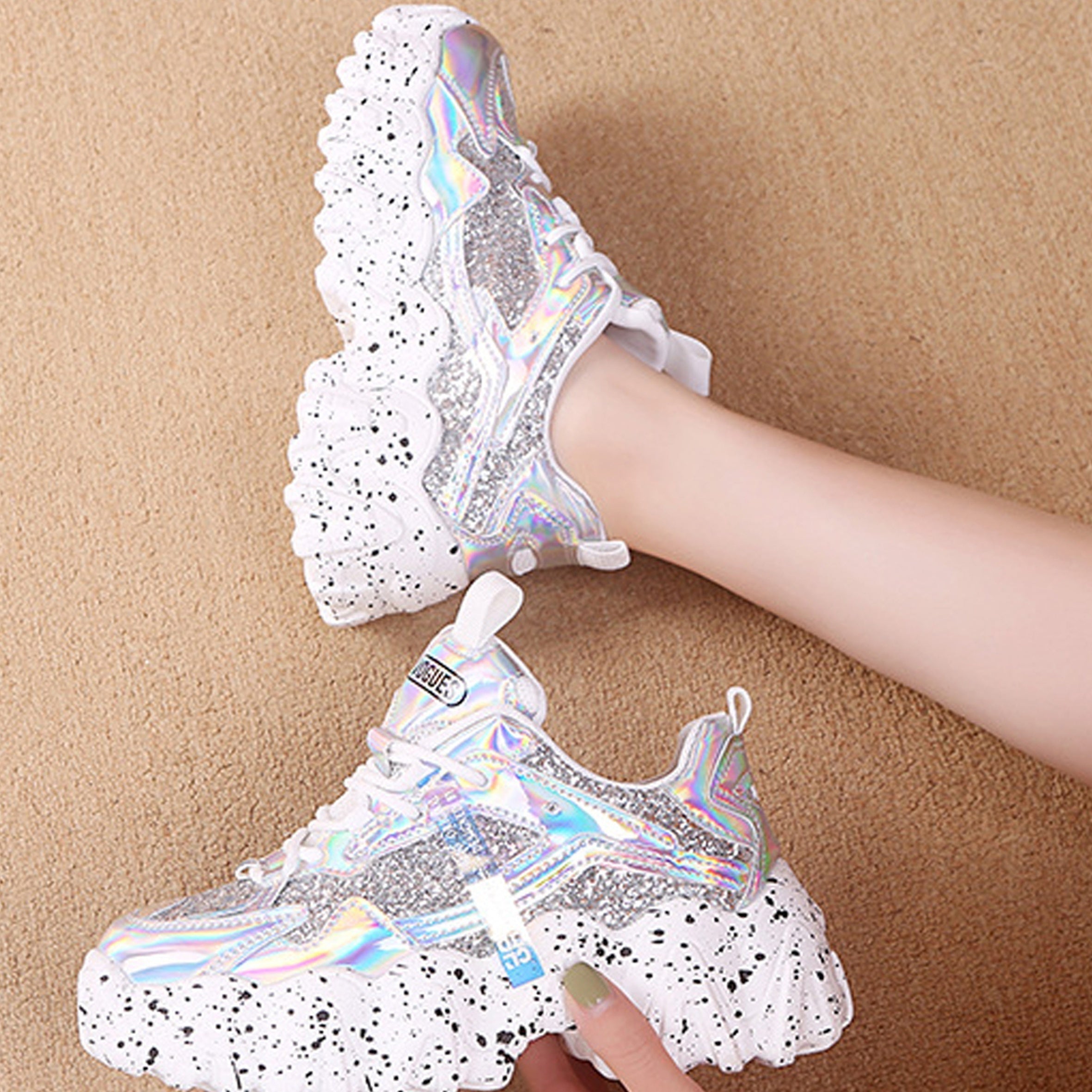 Sequin Glitter Chunky Sneakers Faux Leather Running Shoes