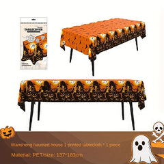 2pcs Halloween Theme Table Cloth Pumpkin Castle Pattern Table Cover