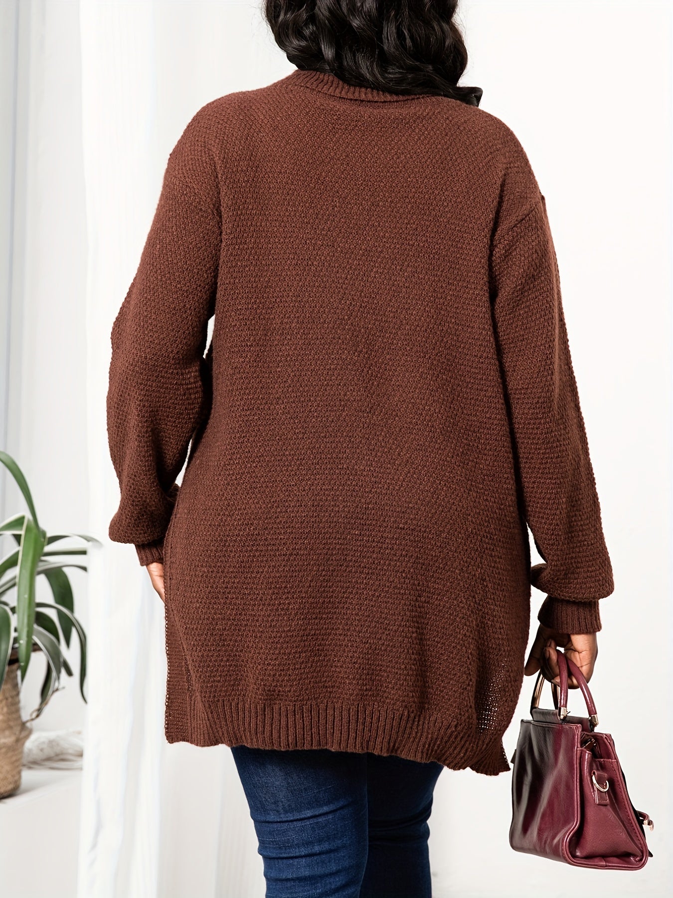 Turtle Neck Knit Side Slit Sweater Women's Plus Solid High Stretch