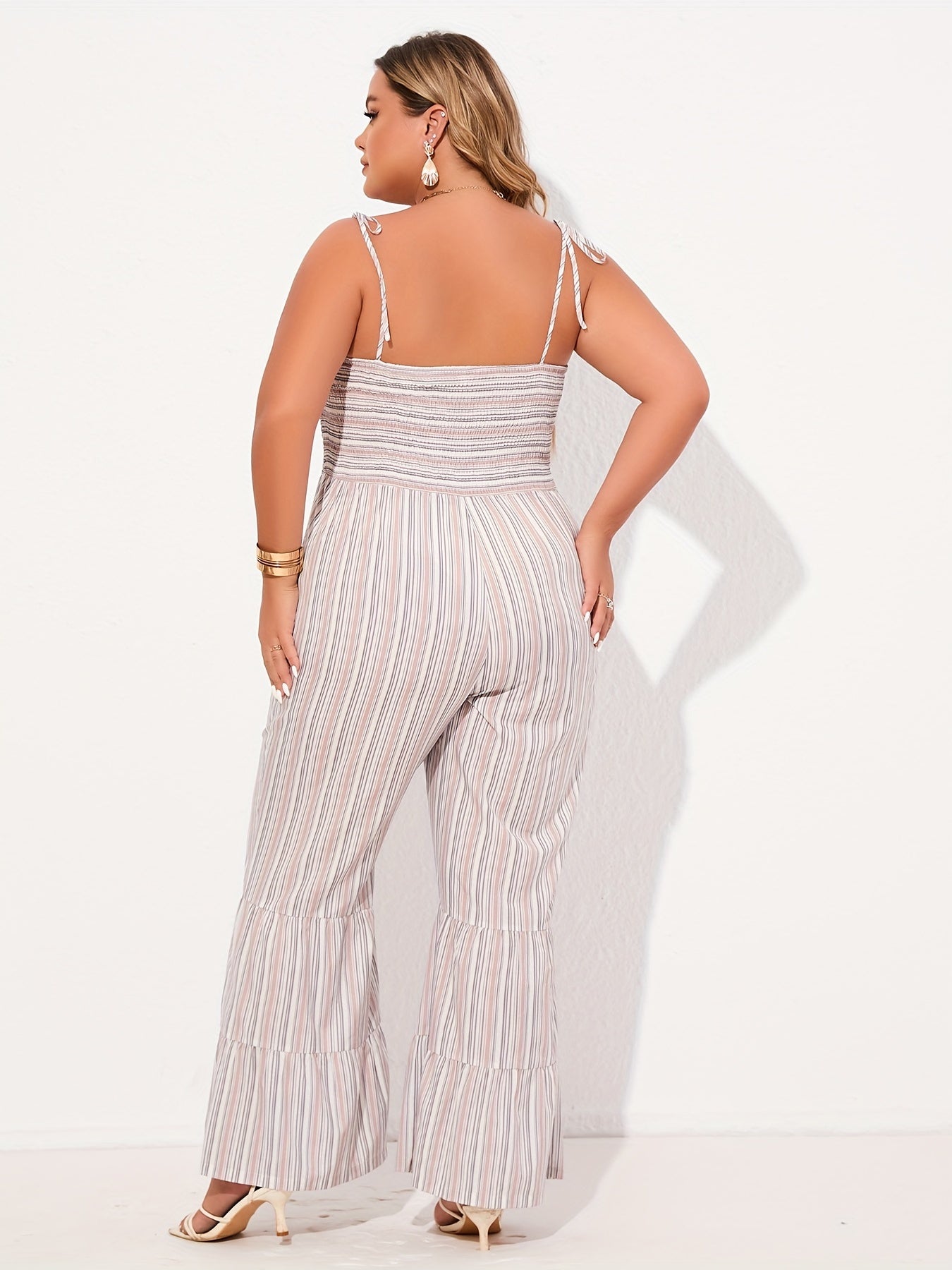 Striped Tie Shoulder Flared Leg Jumpsuit