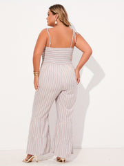 Striped Tie Shoulder Flared Leg Jumpsuit