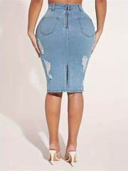 Women's Plus Solid Zipper Ripped High Rise Slim Fit Denim Skirt