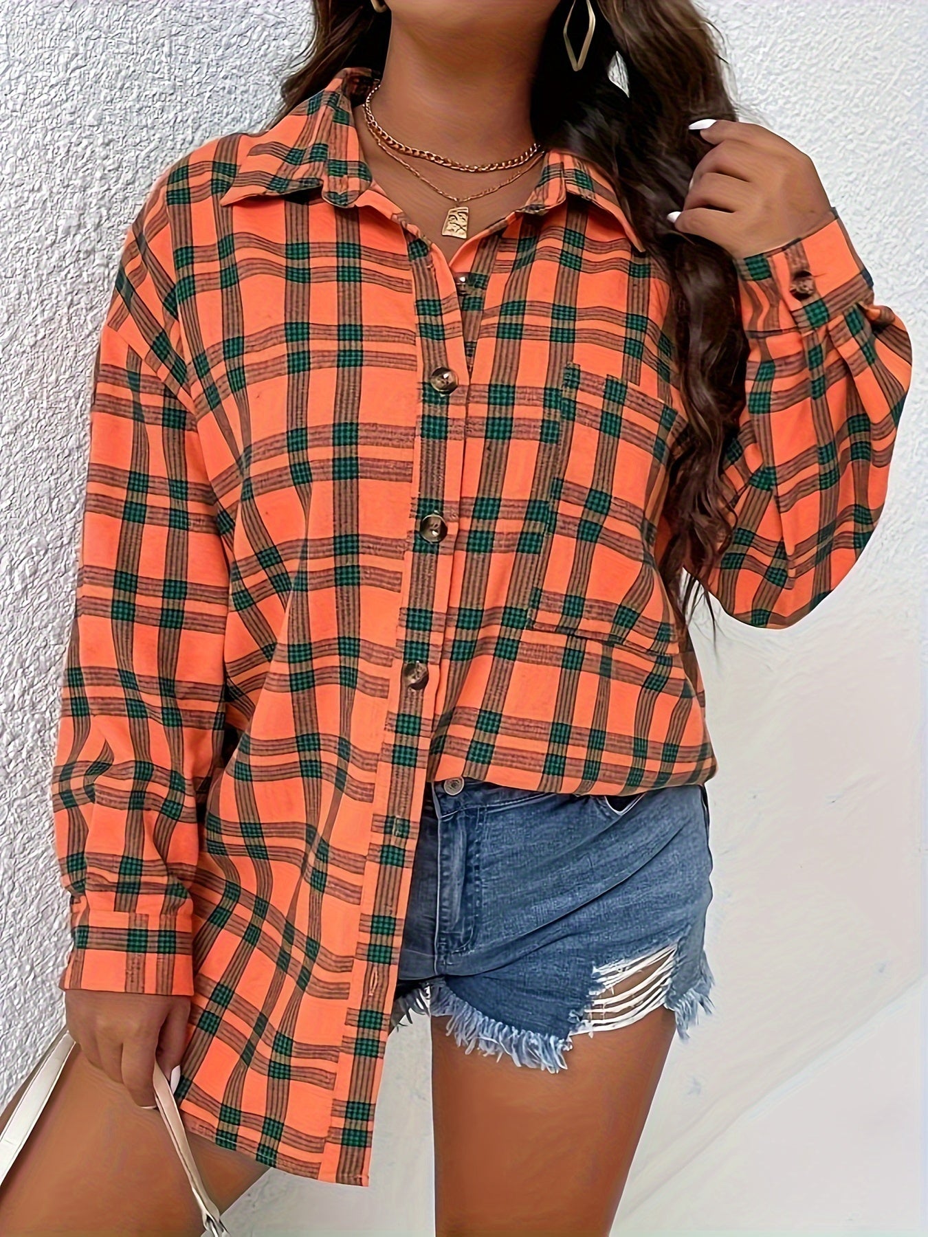 Plaid Button Up Long Sleeve Blouse
