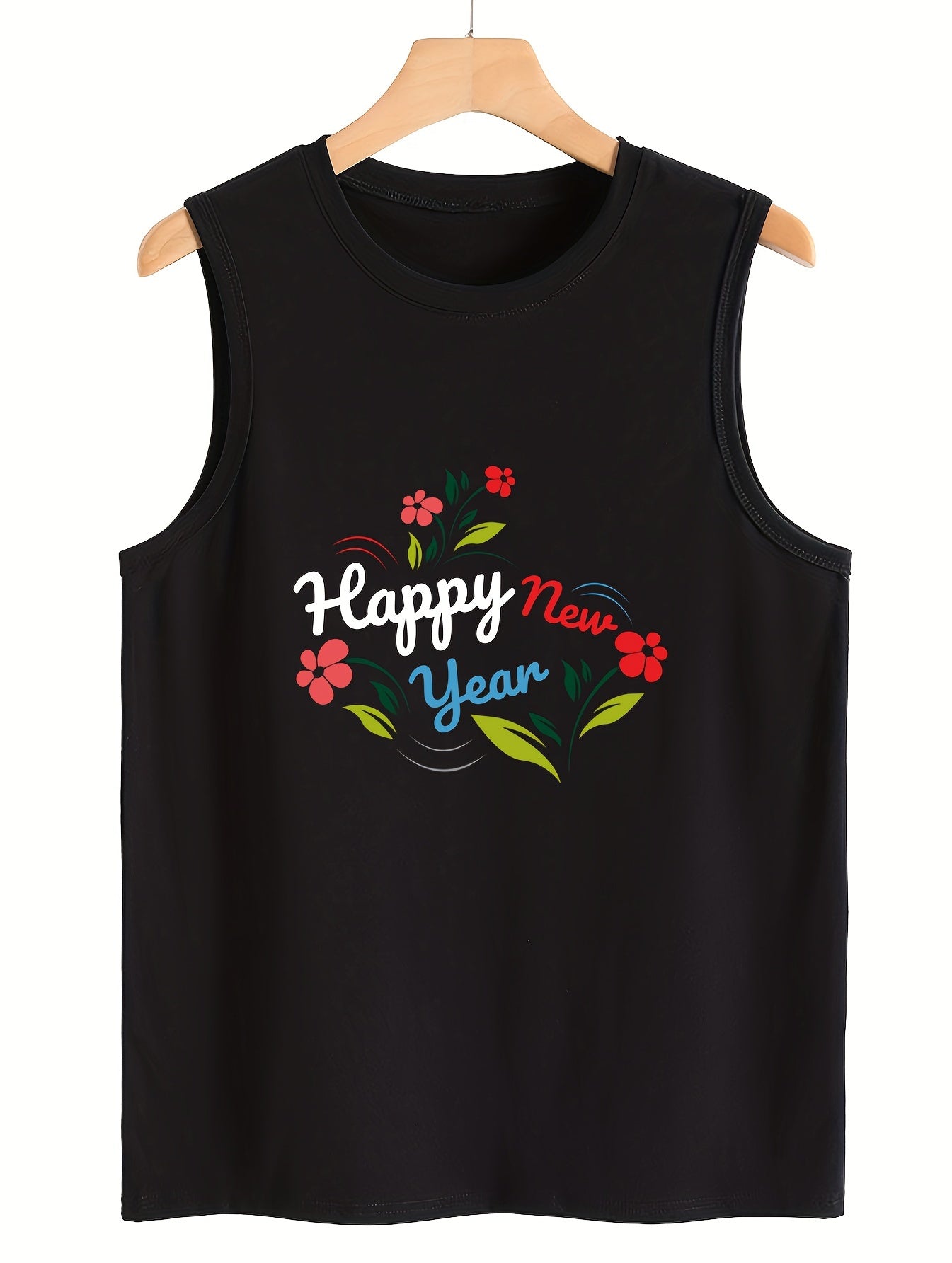 Floral & Letter Print Sleeveless Sports Vest Round Neck Stretchy Casual Tops
