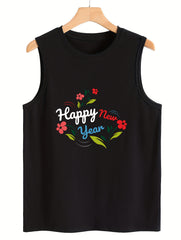 Floral & Letter Print Sleeveless Sports Vest Round Neck Stretchy Casual Tops
