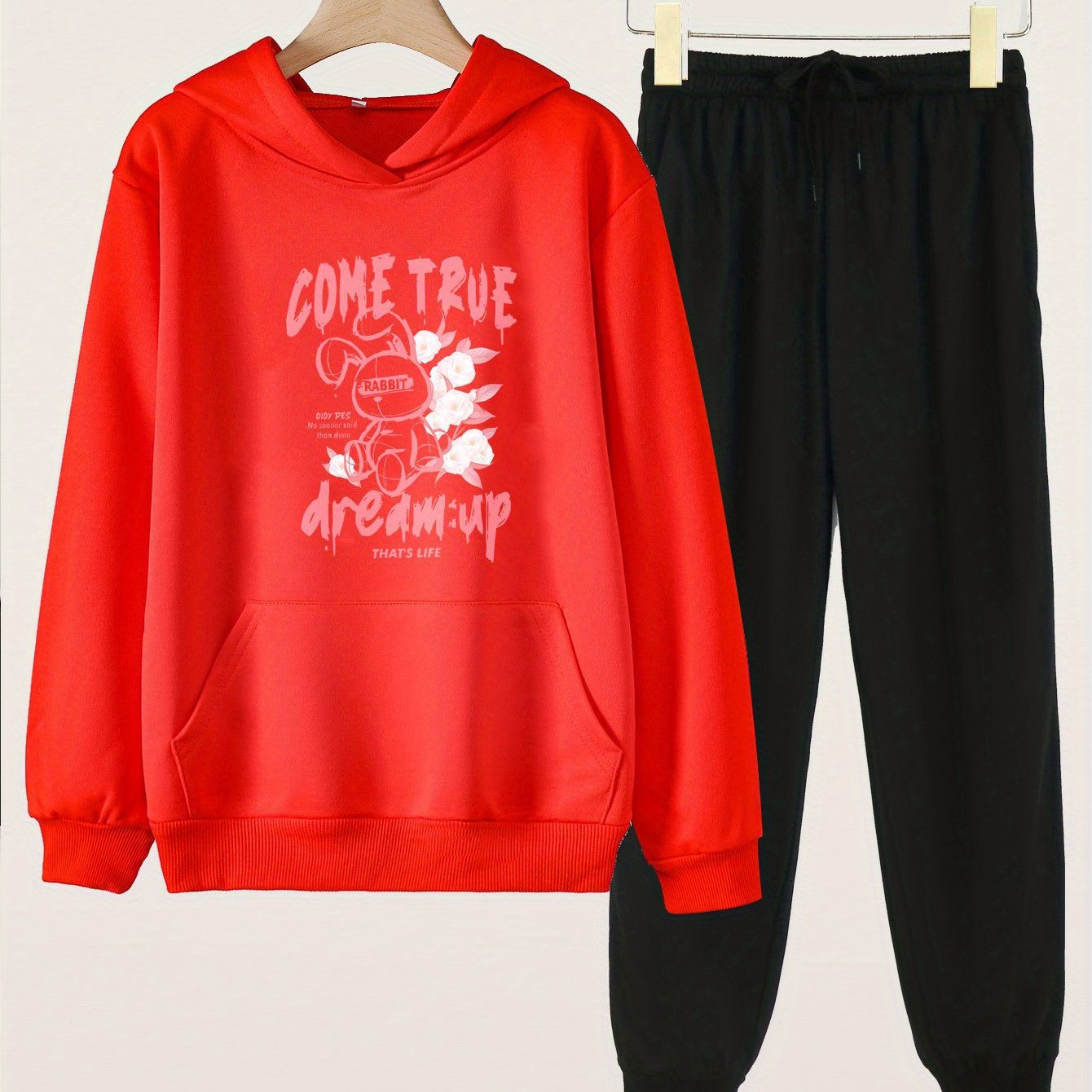 2pcs Dream Up Print Hooded Outfit For Girls Hoodie & Pants Set