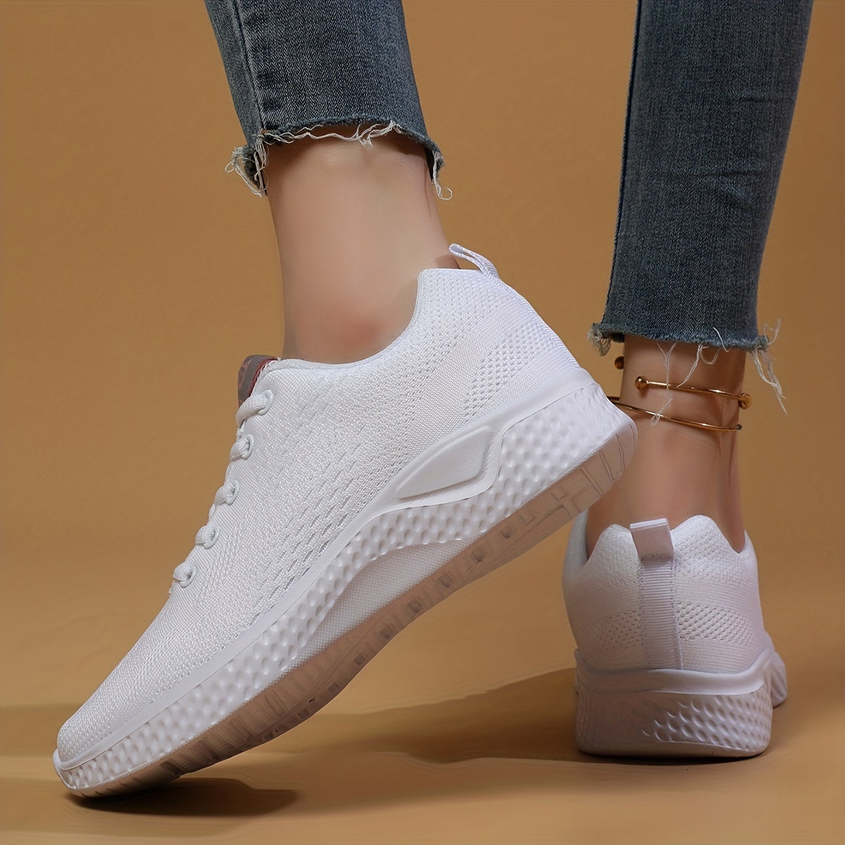 Women's Solid Sneakers Casual Breathable Knit Lace Up Shoes Lightweight