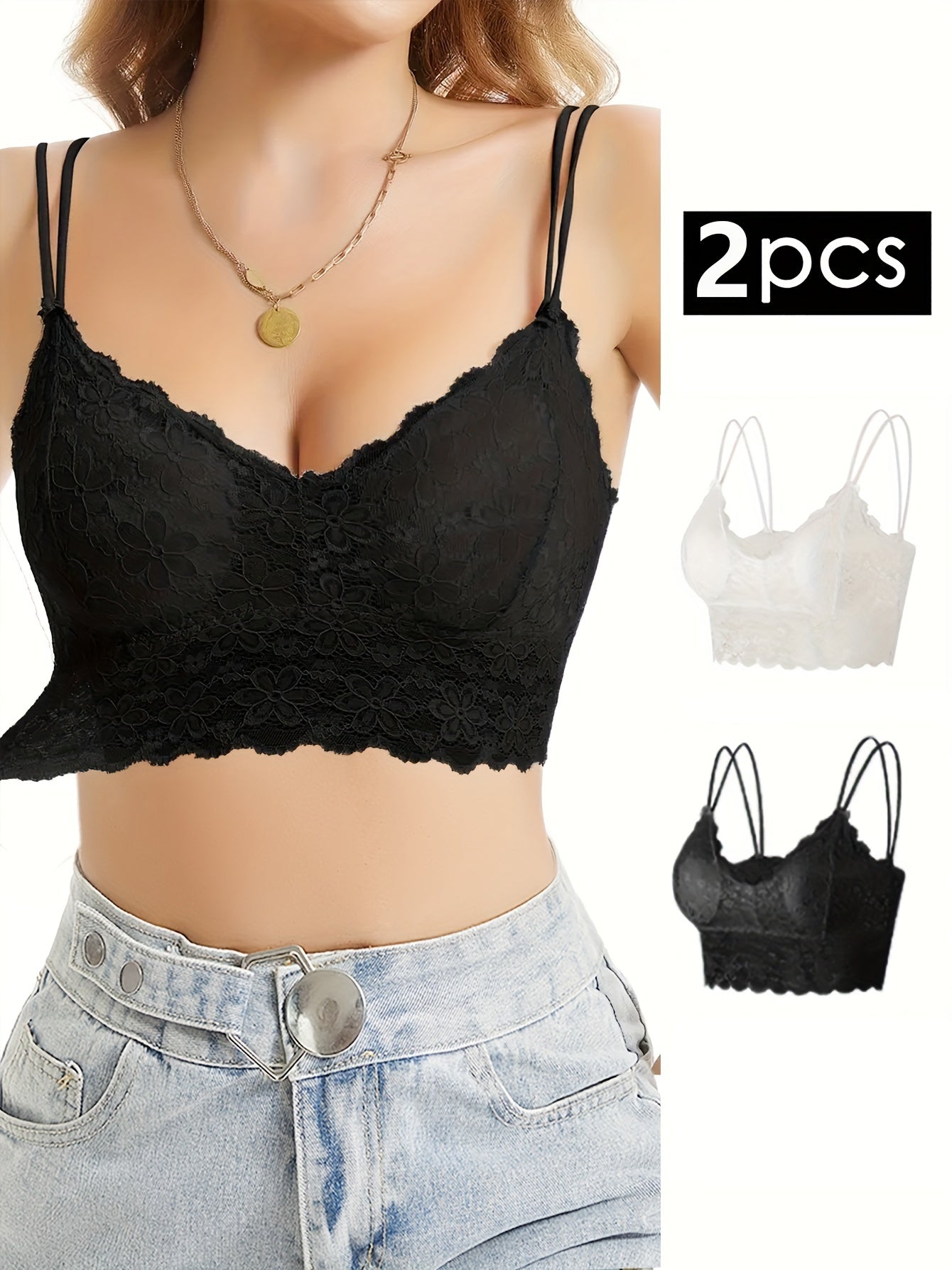 Floral Lace Bralettes Double Straps Scallop Trim Bra