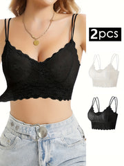 Floral Lace Bralettes Double Straps Scallop Trim Bra