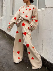 Heart Print Pullover Top & Drawstring Pants 2 Piece Set